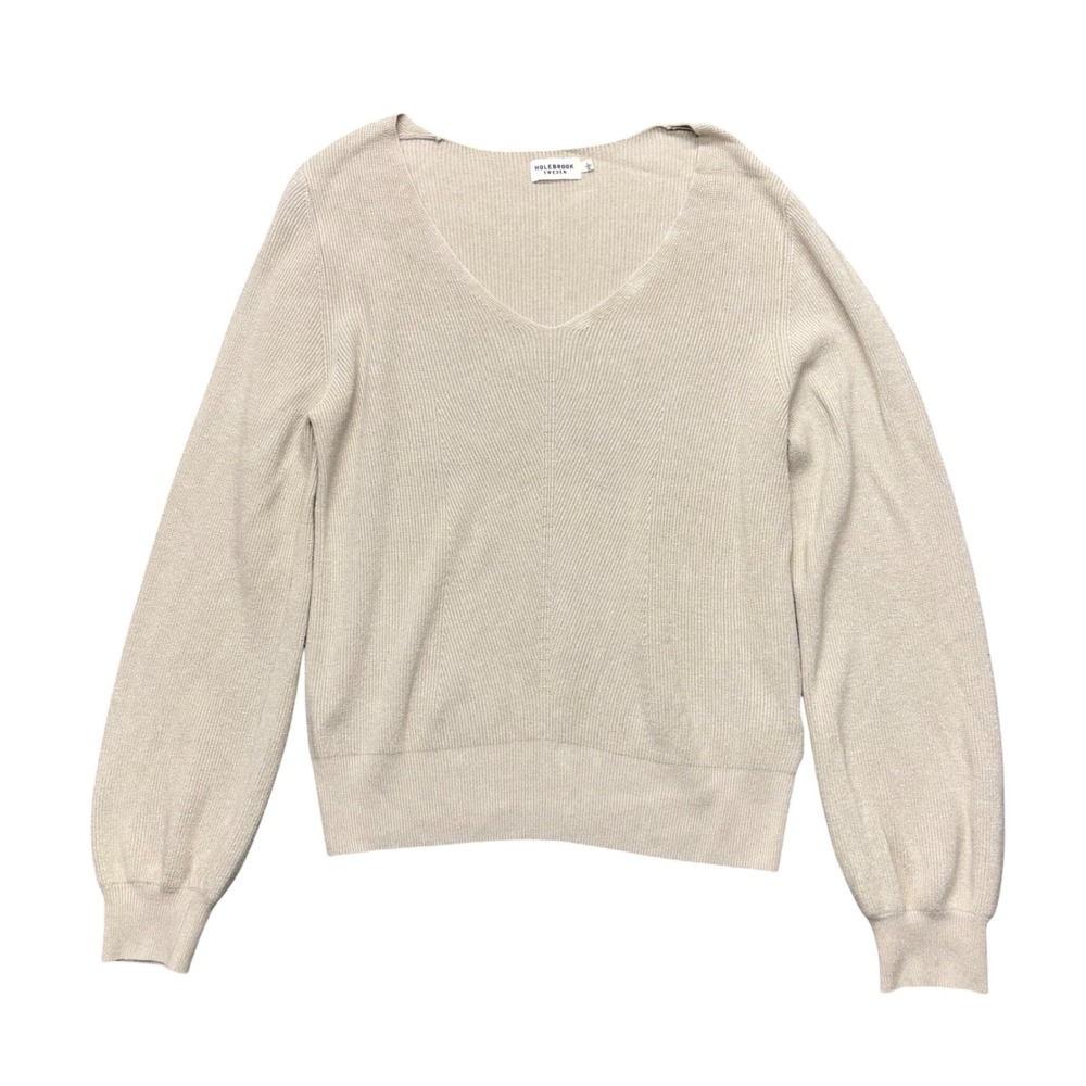 Holebrook Sweden Women's Beige V-Neck Sweater Pullover Minimalist Classic Size L